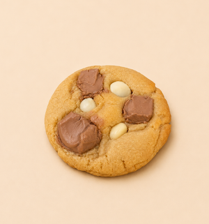 Freshly baked natural cookie with praliné chocolate and macadamia nuts